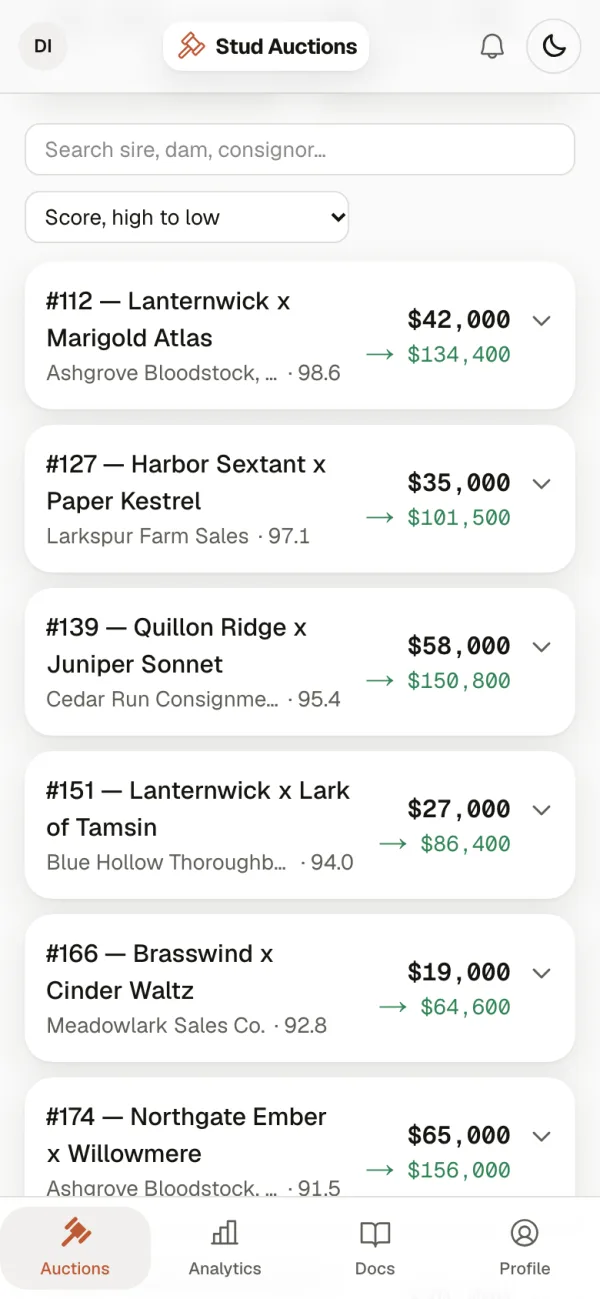 Stud Auctions en una laptop: una venta de yearlings de demostración, cada hip con su precio de martillo y su reventa proyectada.
