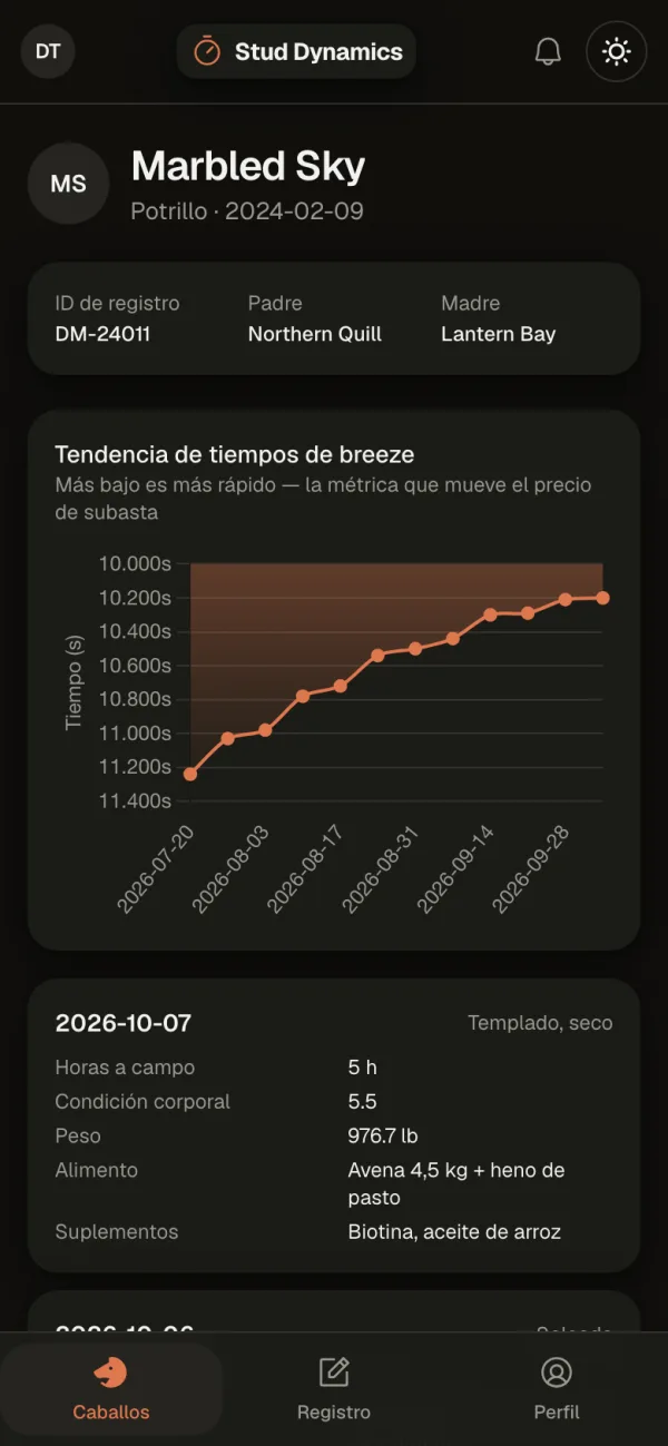 Stud Dynamics en un teléfono: los tiempos de breeze de un potrillo mejorando semana a semana.